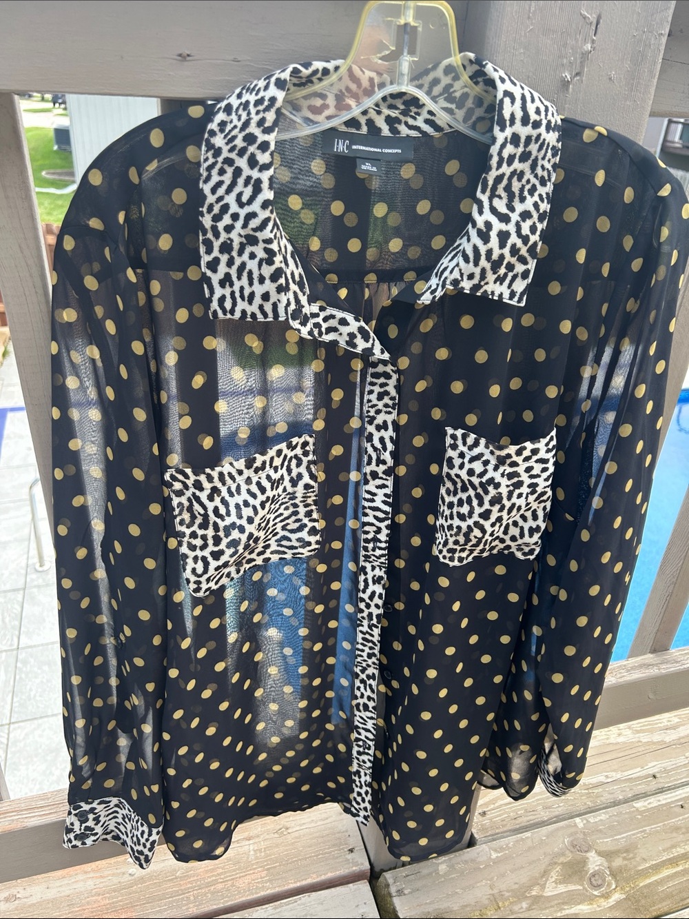INC International Concepts Black & Gold Polka Dot Sheer Blouse with Animal Trim